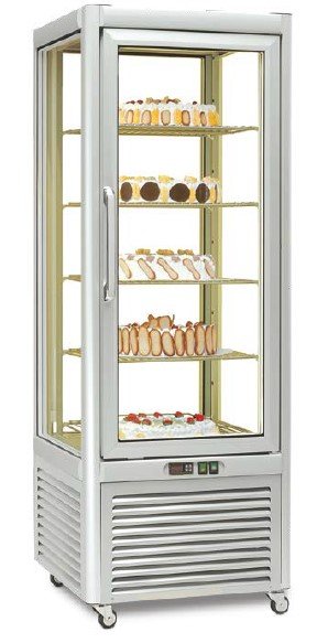 Armario refrigerado Especial Pastelería 4 caras de cristal 400 litros con 4 estantes rotativos EUROFRED PRISMA400RTN