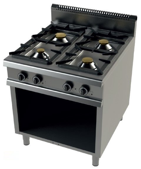 Cocina a gas con horno GN2/1 de 4 fuegos 4,5+8+2x6Kw Serie 900 JUNEX con medidas 800x900x900h mm 9401/3