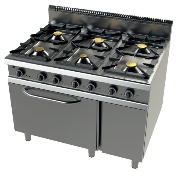 Cocina a gas con horno MAXI GN2/1 válvula termostática 6 fuegos Serie 900 JUNEX de 1200x900x900h mm 9601FC/3