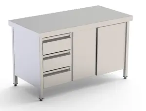 Mesa de Trabajo Acero Inoxidable Central Con Puertas y Cajones