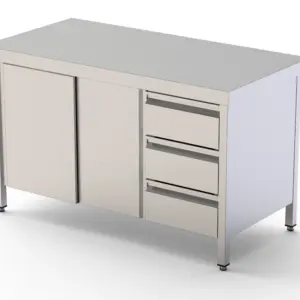 Mesa de Trabajo Acero Inoxidable Central Con Puertas y Cajones