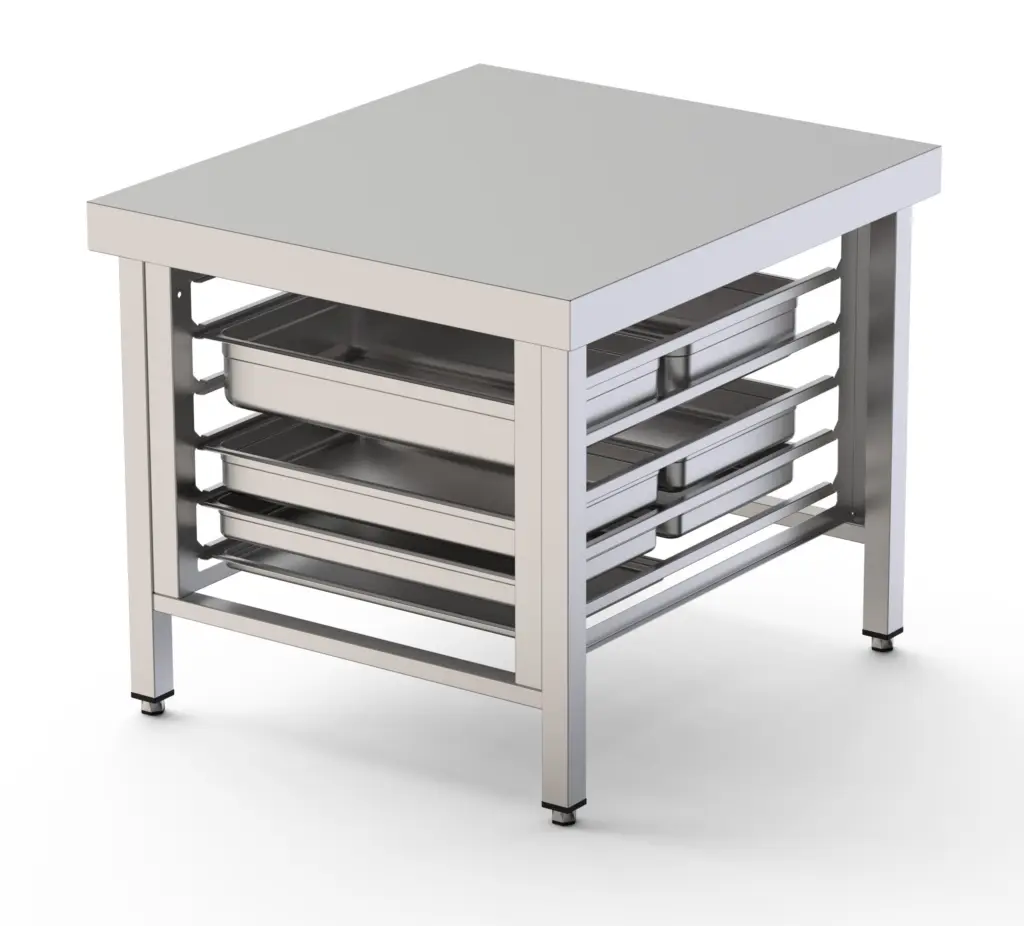 Mesa de Soporte Acero Inoxidable Para Hornos Con 6 Bandejas de 600x400 mm  850x850x700h mm