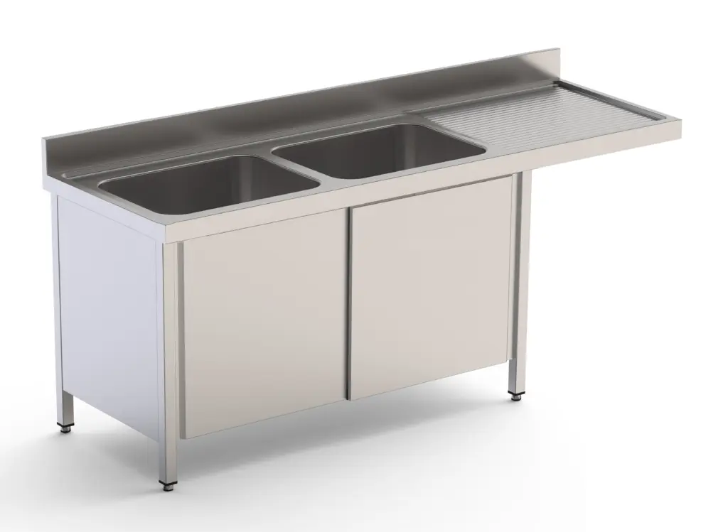 Fregadero Industrial Para Lavavajillas Acero Inoxidable Con 2 CubaS y Escurridor Con Mueble con Puertas Correderas