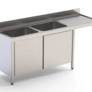 Fregadero Industrial Para Lavavajillas Acero Inoxidable Con 2 CubaS y Escurridor Con Mueble con Puertas Correderas