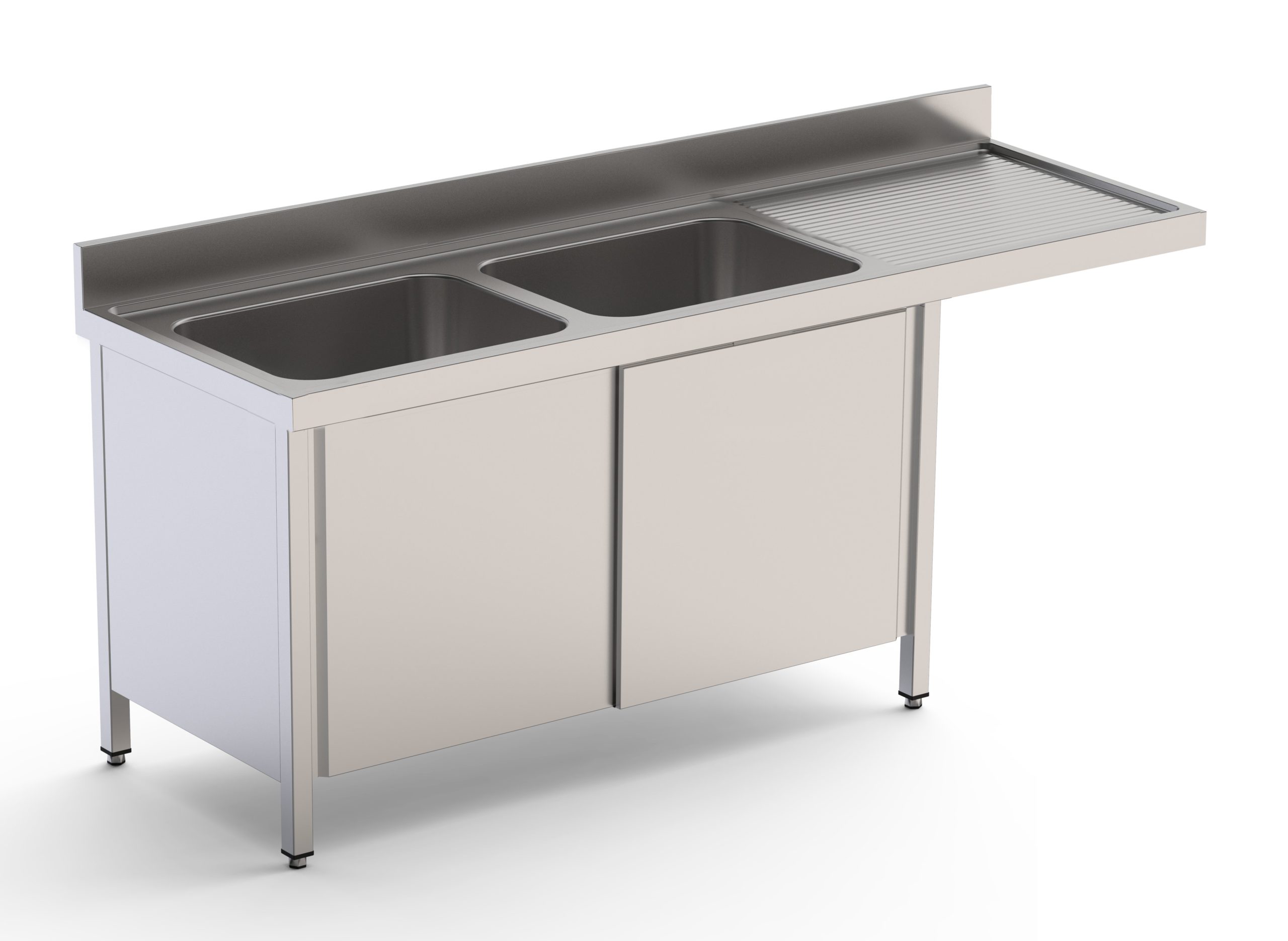 Fregadero Industrial Para Lavavajillas Acero Inoxidable Con 2 CubaS y Escurridor Con Mueble con Puertas Correderas