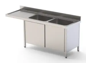 Fregadero Industrial Para Lavavajillas Acero Inoxidable Con 2 CubaS y Escurridor Con Mueble con Puertas Correderas