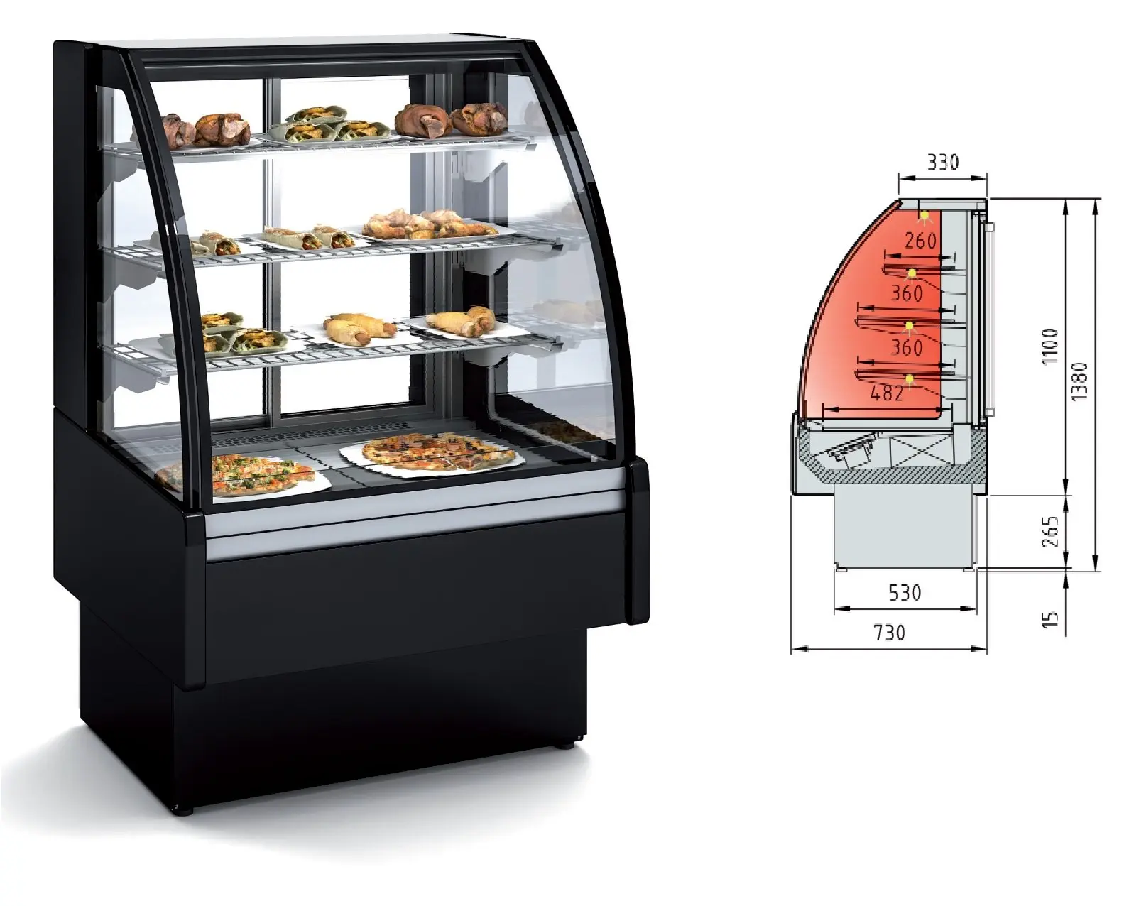 Vitrina Expositora Caliente de 600x710x1380mm (AxFxH) con cristal Curvo o Recto a elegir  VV-6HE-6