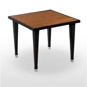 Mesa armazón aluminio con pata piramidal rattan, tablero madera teka NANTES
