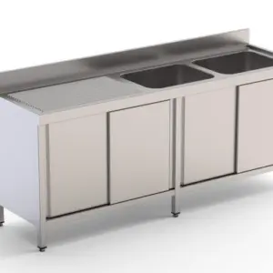 Fregadero Industrial Acero Inoxidable Con 2 Cuba y Escurridor Con Puertas Correderas