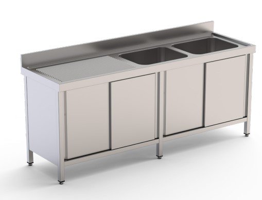 Fregadero Industrial Acero Inoxidable Con 2 Cuba y Escurridor Con Puertas Correderas