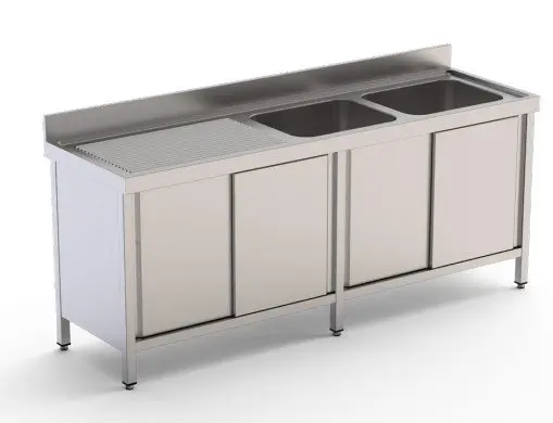 Fregadero Industrial Acero Inoxidable Con 2 Cuba y Escurridor Con Puertas Correderas