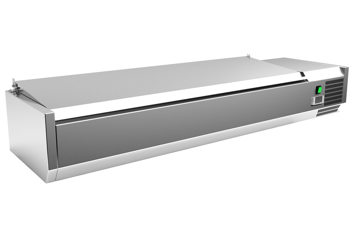Vitrina 5 cubetas GN1/3 + 1 cubeta GN1/2 con TAPA de 1500x395x270h mm PEKIN VRX1500380SL