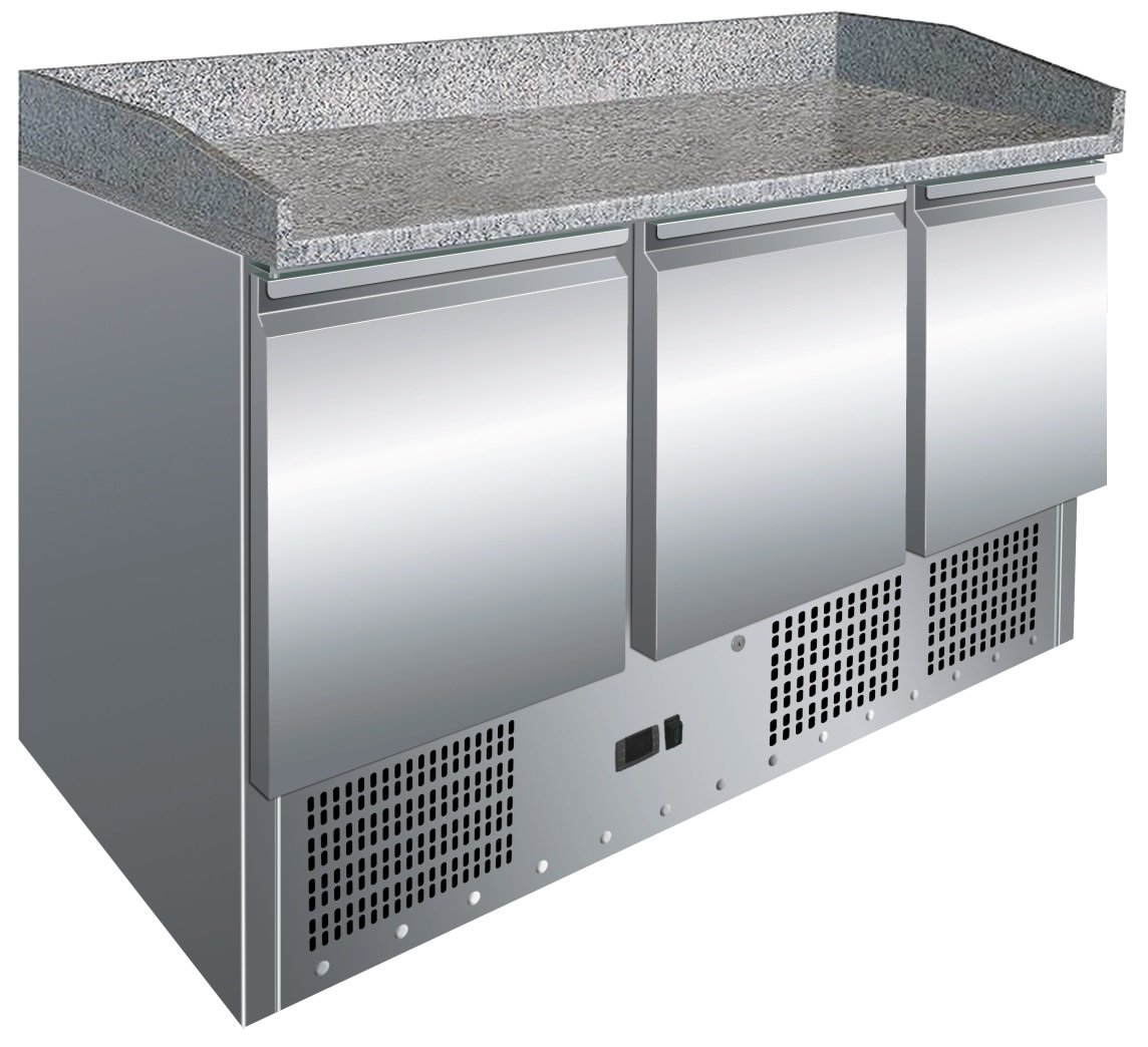 Mesa GN1/1 3 Puertas Preparación Pizzas con Encimera de Granito de 1365 x700 x1010h mm PEKIN S903PZ-OUT-T3 (OUTLET)