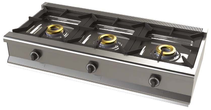 Cocina a gas sobremesa de 3 fuegos 8+8+8 Kw SerIe 550 JUNEX con medidas 1200x550x240h mm 6300B/1