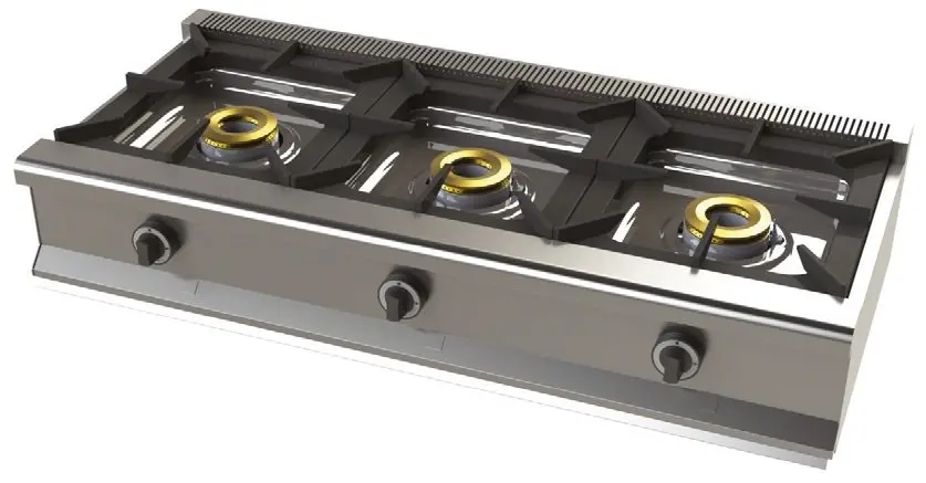Cocina a gas sobremesa de 3 fuegos 8+8+8 Kw SerIe 550 JUNEX con medidas 1200x550x240h mm 6300B/1