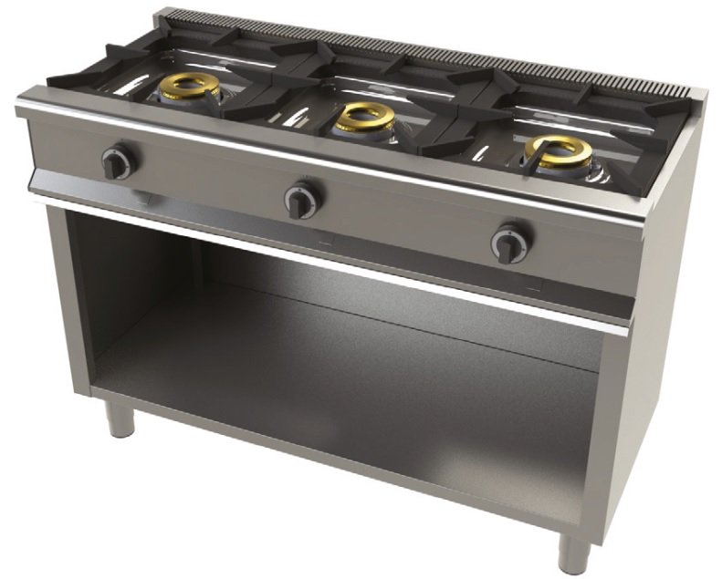 Cocina a gas con mueble de 3 fuegos 8+8+8 Kw SerIe 550 JUNEX con medidas 1200x550x850h mm 6300/1