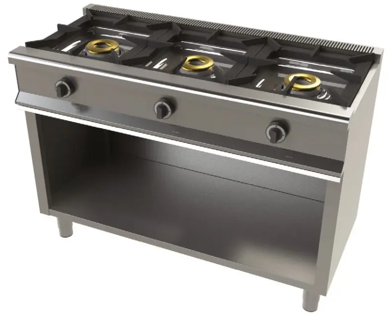 Cocina a gas con mueble de 3 fuegos 8+8+8 Kw SerIe 550 JUNEX con medidas 1200x550x850h mm 6300/1