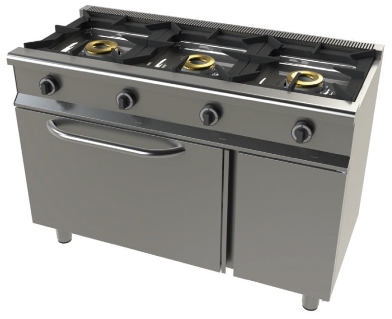 Cocina a gas con horno GN1/1 4,5Kw, 3 fuegos 8+8+8 Kw SerIe 550 JUNEX con medidas 1200x550x850h mm 6301/1