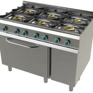 Cocina a gas con horno GN2/1 de 6 fuegos 2x8+4,5+3x6 Kw SerIe 700 JUNEX con medidas 1200x730x900h mm FO7N601