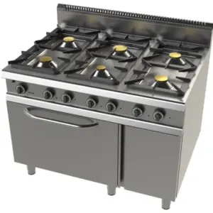 Cocina a gas con horno GN2/1 de 6 fuegos 2x8,3+4,3+2x10 Kw Serie 900 JUNEX con medidas 1200x900x900h mm F09C601