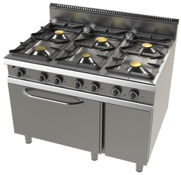 Cocina a gas con horno GN2/1 de 6 fuegos 2x8,3+4,3+2x10 Kw Serie 900 JUNEX con medidas 1200x900x900h mm F09C601