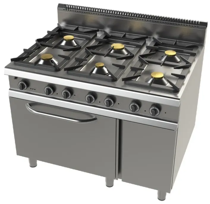 Cocina a gas con horno GN2/1 de 6 fuegos 2x8,3+4,3+2x10 Kw Serie 900 JUNEX con medidas 1200x900x900h mm F09C601