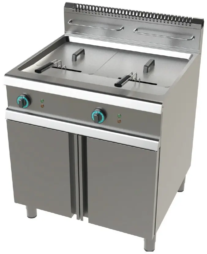 Freidora a gas 2 cuba limpia de 21+21 litros con 19+19Kw Serie 900 JUNEX con medidas 800x900x900h mm FG9C221