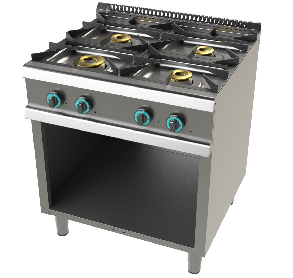Cocina a gas con mueble de 4 fuegos 8+4,5+6+6 Kw y llama piloto SerIe 700 JUNEX con medidas 800x730x900h mm FO7N400