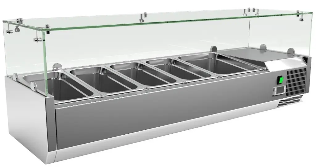 Vitrina 4 cubetas GN1/3 + 1 cubeta GN1/2 con Cúpula de Vídrio de 1400x380x440h mm VRX1400380FG