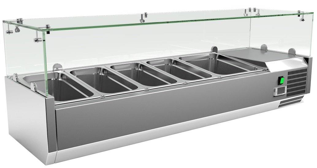 Vitrina 4 cubetas GN1/3 + 1 cubeta GN1/2 con Cúpula de Vídrio de 1400x380x440h mm VRX1400380FG