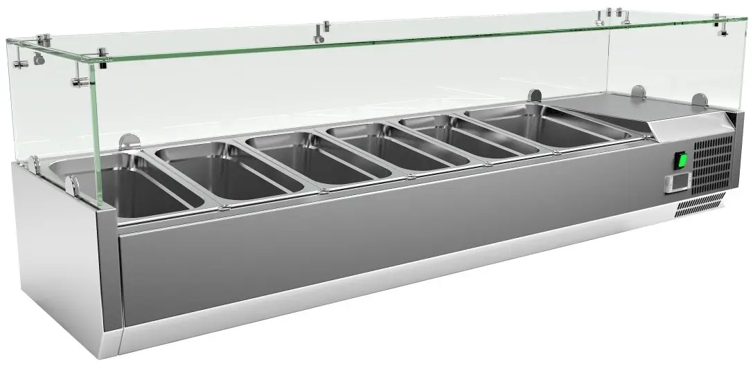 Vitrina 5 cubetas GN1/3 + 1 cubeta GN1/2 con Cúpula de Vídrio de 1500x380x440h mm VRX1500380FG